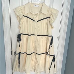 Ivory Tiered Button-Front Dress with Black Trim